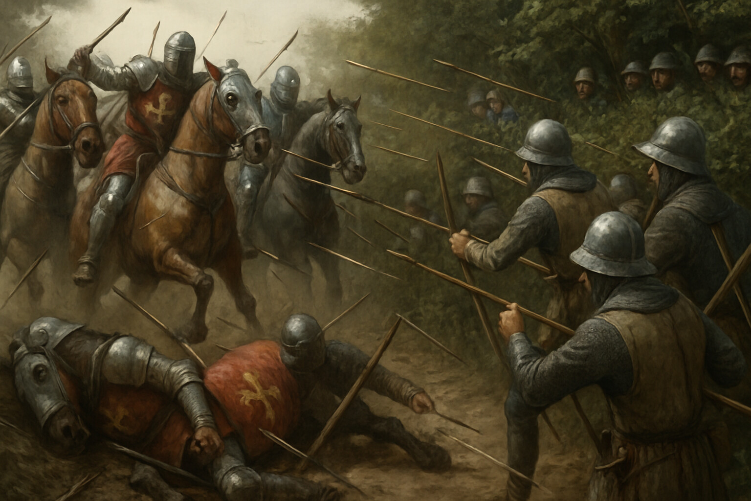 The French cavalry charge: the marshals' cavalry crashing toward the hedge under a storm of arrows. Horses going down, riders tumbling, the narrow lane forcing the charge into a compressed mass. English archers on the flank pouring fire into the column. Chaos and violence but shown with documentary restraint.