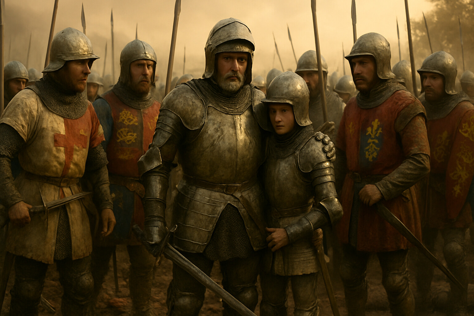 The intimate human scene: Jean II of France in full plate armor, surrounded by a press of Anglo-Gascon soldiers, his visor up, his sword lowered—the moment of surrender. His youngest son Philippe, a boy of about fourteen also in armor, stands close beside him. The exhaustion, the dignity, and the finality of the moment.