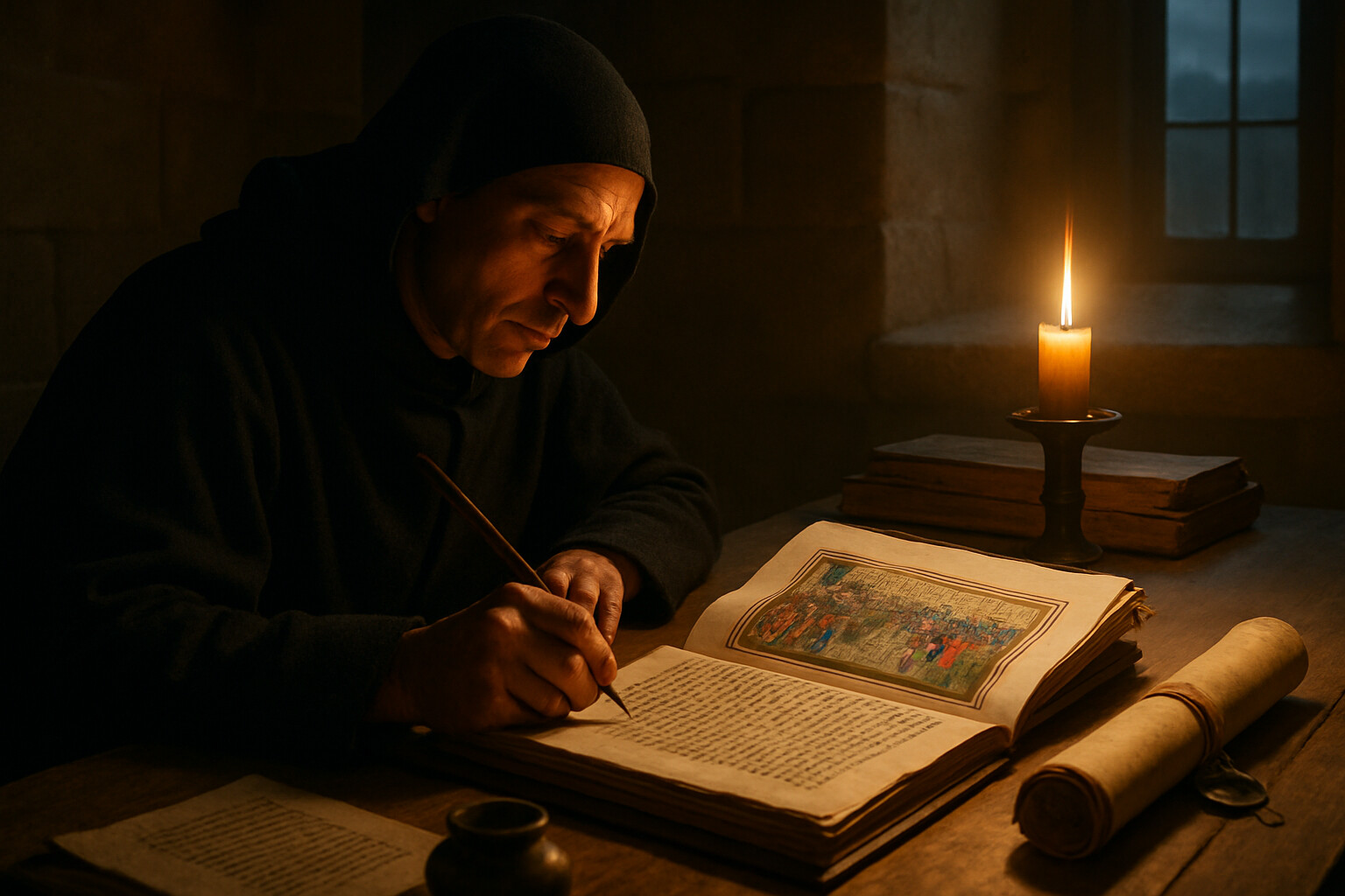The aftermath and record scene: a medieval scriptorium or chancery interior, a clerk or herald writing at a desk by candlelight—an illuminated chronicle open to a page depicting the battle schematically. On the desk, a rolled document that represents a ransom agreement. The scene grounds the story in how it was recorded and transmitted.