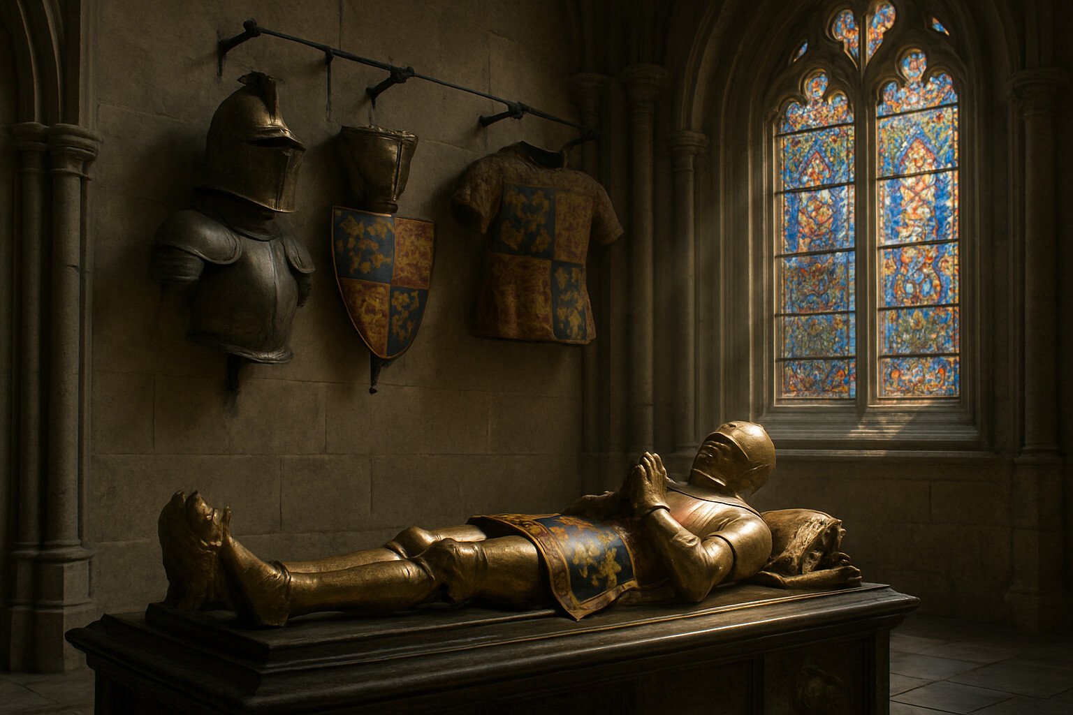 The legacy panel: Edward's tomb and effigy in Canterbury Cathedral, the replica battle achievements above—the helmet, gauntlets, jupon, and shield—light falling through medieval stained glass onto the carved stone figure of the prince. Quiet, monumental, the end of the story.