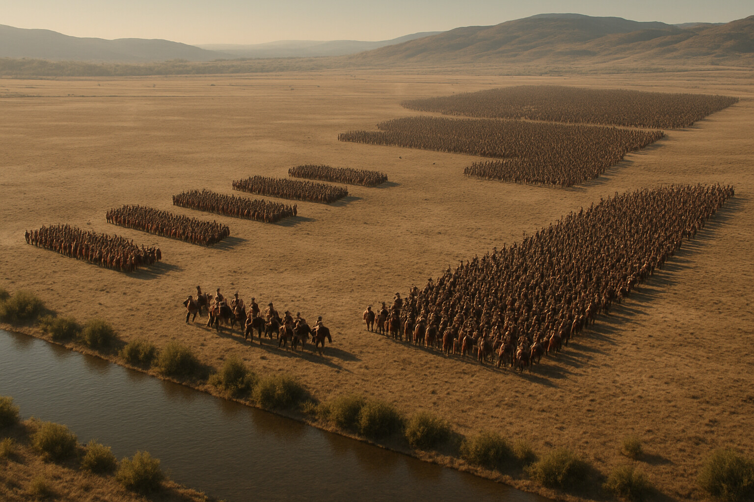 Battlefield overview establishing shot: An aerial or elevated view of the plain of Pharsalus showing both armies deployed — Caesar's smaller, denser formations on one side, Pompey's larger army on the other, the Enipeus River gleaming to the south, the hills to the north. The scale of the asymmetry is visible.