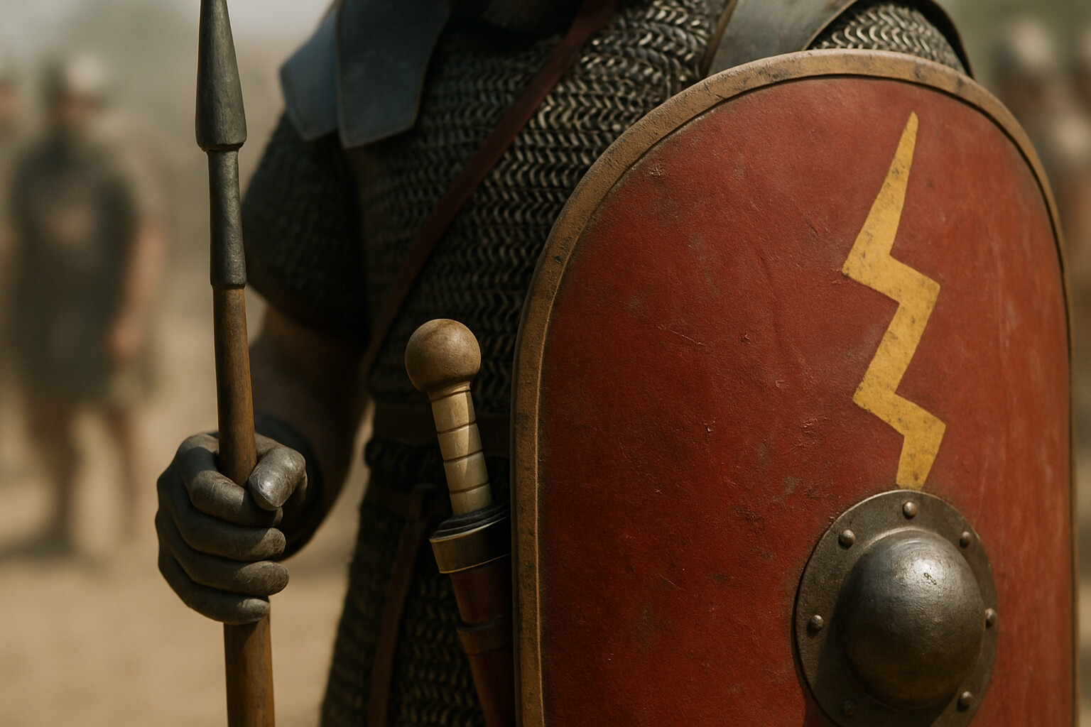 Equipment detail panel: A close-up, almost forensic examination of the Roman legionary's kit — pilum, gladius, scutum — laid out or being carried by a soldier preparing for battle. The pilum's engineering detail (thin iron shank designed to bend) should be visible.