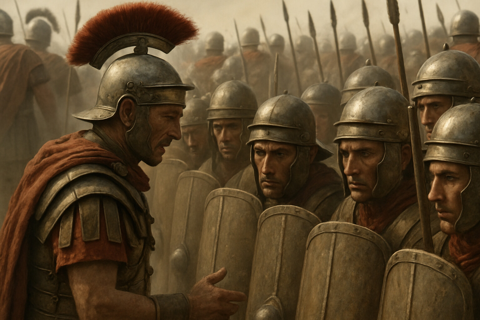 The human moment: A veteran centurion of one of the hidden cohorts speaks quietly to the men in his century as they wait in the hidden position, before the signal comes. The men's faces show tension held in check by discipline. This is the intimate, human scene before the violence.