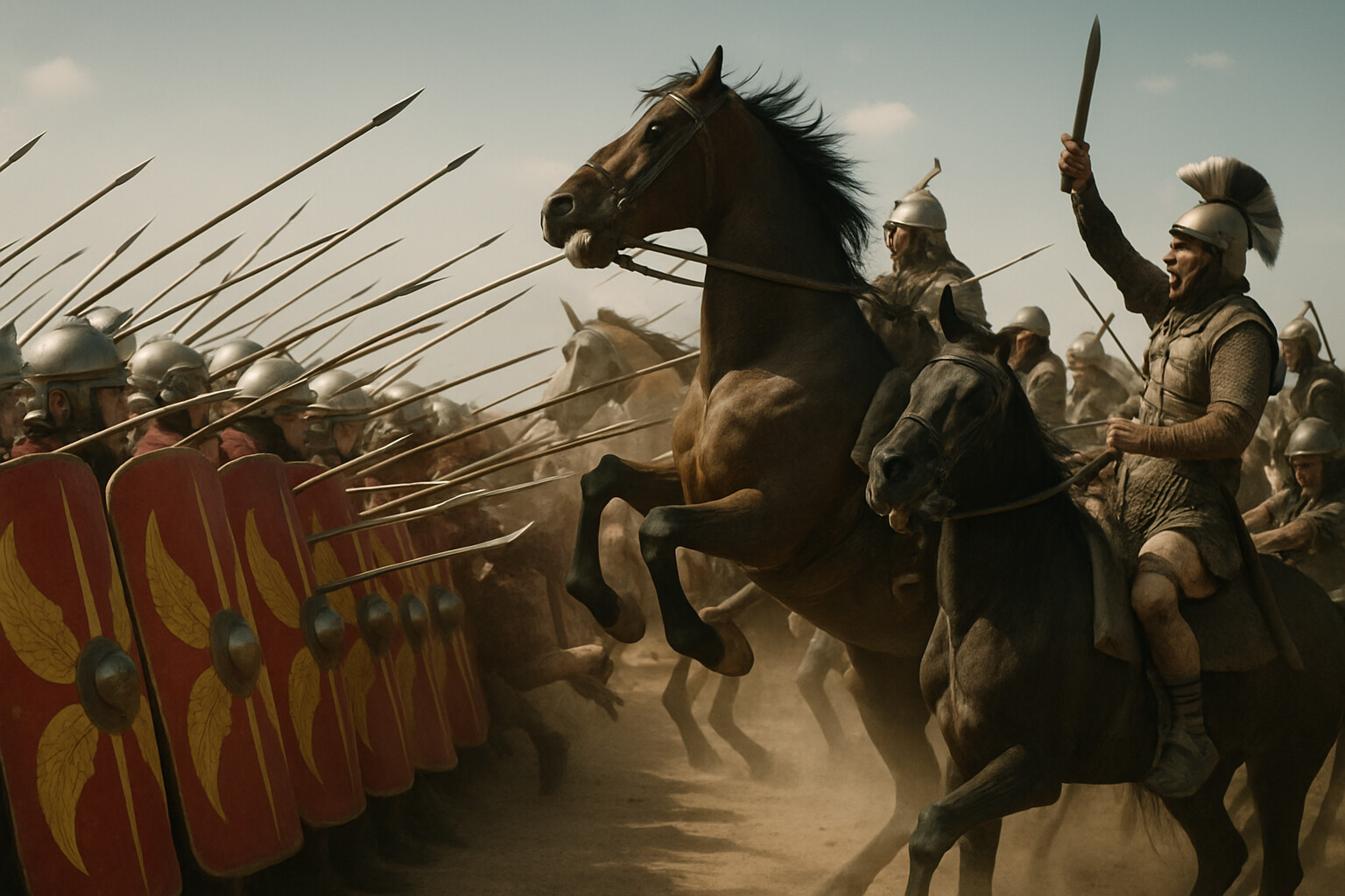 The decisive action: The hidden cohorts step out and advance into the flank of Pompey's cavalry charge. Pila are directed upward at riders' faces and horses' heads. The cavalry formation is fragmenting — horses rearing, riders losing cohesion, the charge dissolving into chaos against the wall of advancing shields and iron.