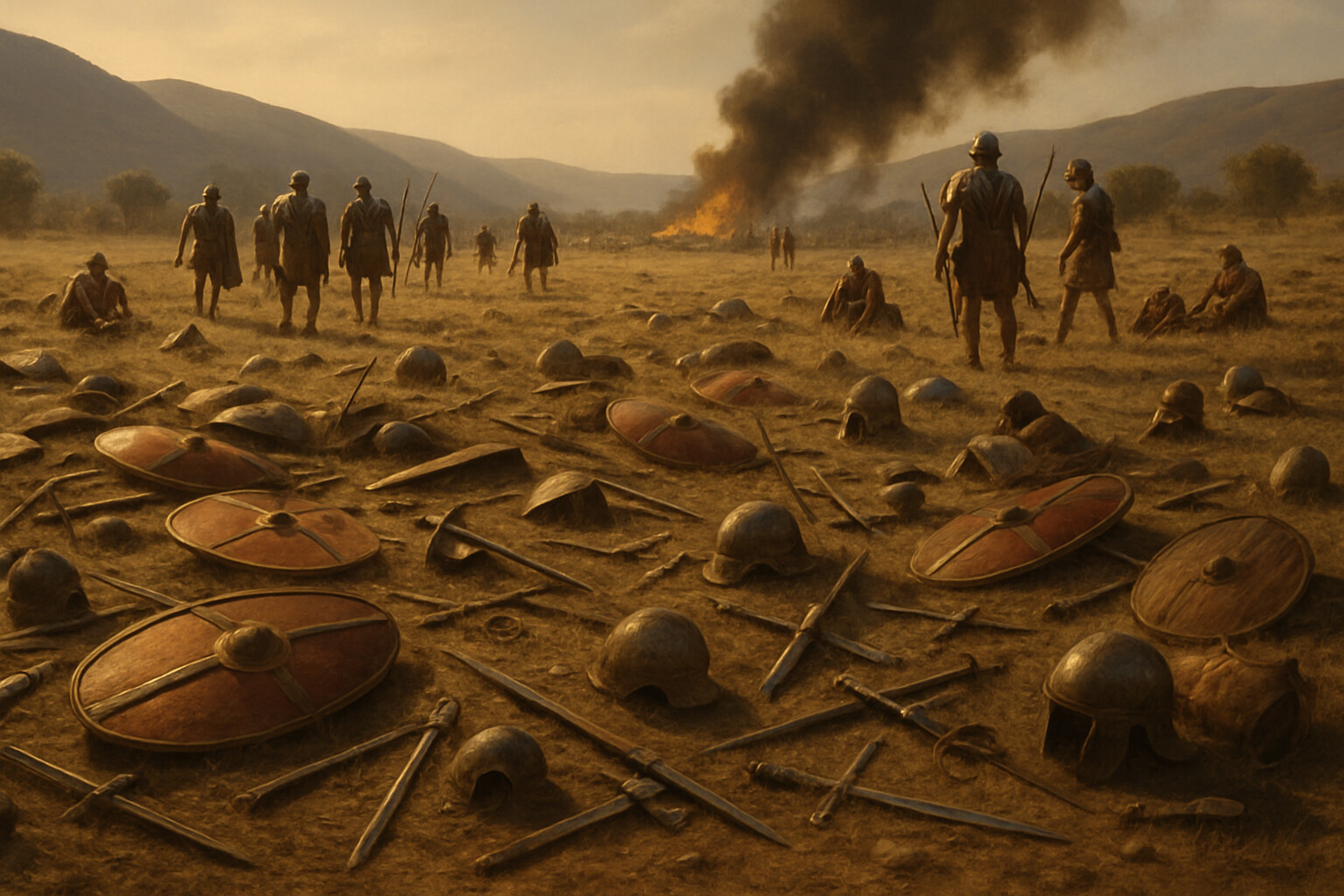 Aftermath: The plain of Pharsalus after the battle. Roman soldiers move among the fallen. Discarded Pompeian equipment — shields, weapons, helmets — litters the ground. In the distance, smoke rises from the Pompeian camp. The scale of the defeat is visible in the sheer quantity of abandoned materiel.