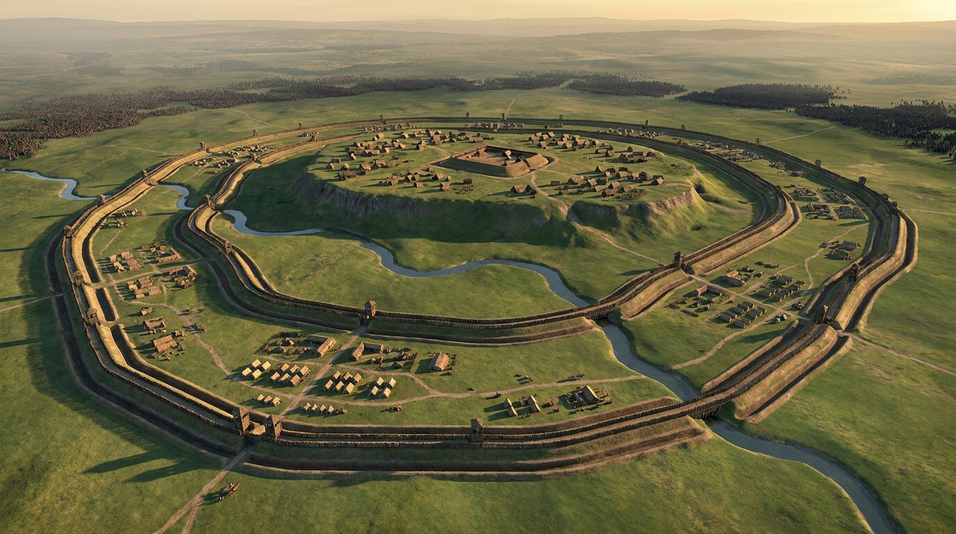 Aerial-view map-style illustration of the two concentric Roman fortification rings around the Alesia plateau, showing the geography of the double siege: the hill, the rivers, the inner and outer walls, and the distant Gallic relief army assembling on the horizon.