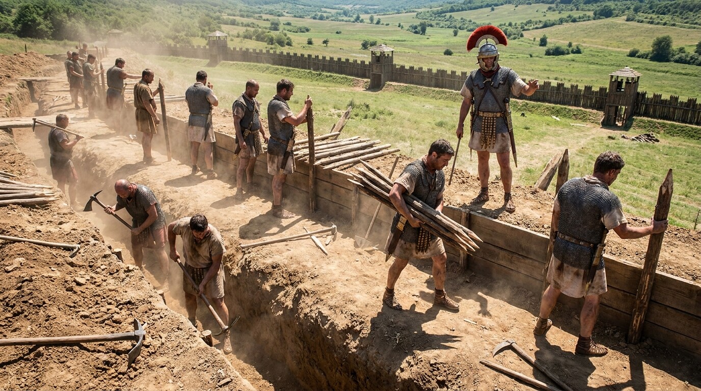 Roman legionaries constructing the fortification walls at speed — digging, hauling timber, driving stakes — supervised by a centurion. Shows the labor and scale of the engineering project that made the siege possible.