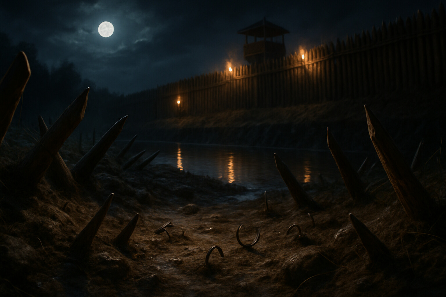 close-up illustration of the Roman obstacle fields — the cippi (concealed sharpened stakes), stimuli (barbed iron hooks), and the ditch system — as if seen from the perspective of a Gallic warrior approaching the Roman lines at night.
