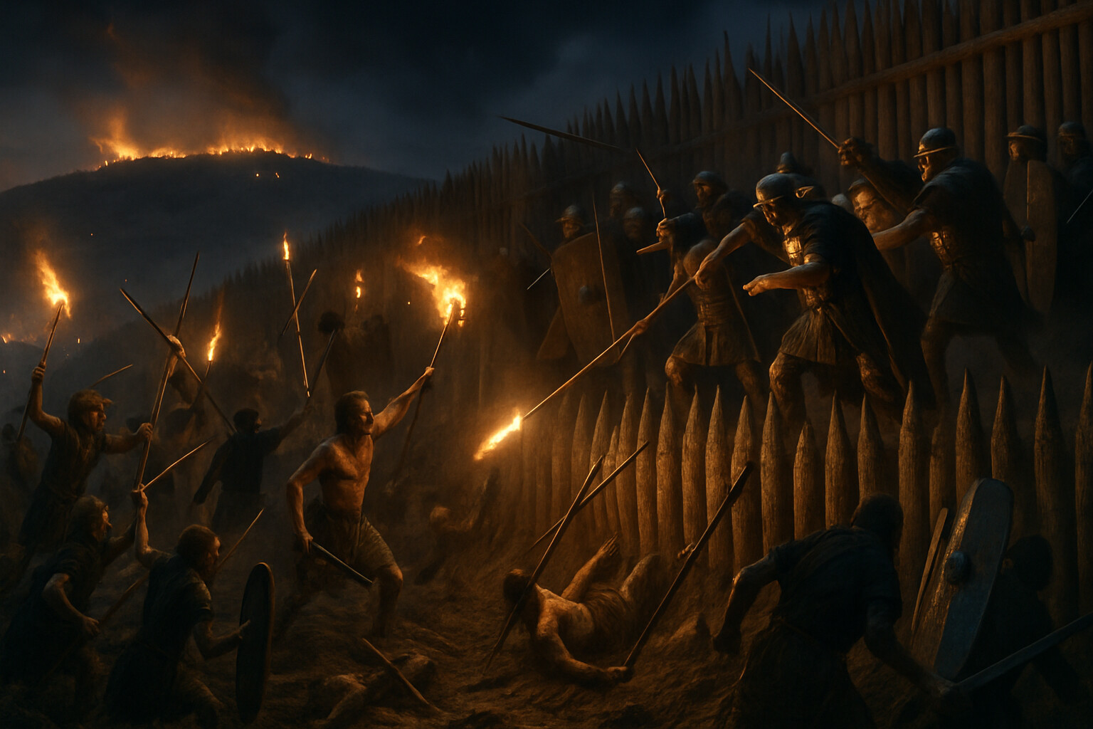 The night assault crisis: the wall of the Roman contravallation under attack by the Gallic relief army — torches, scaling, melee at the palisade top — while in the distant background the glow of fires from within Alesia shows the simultaneous sortie from inside.