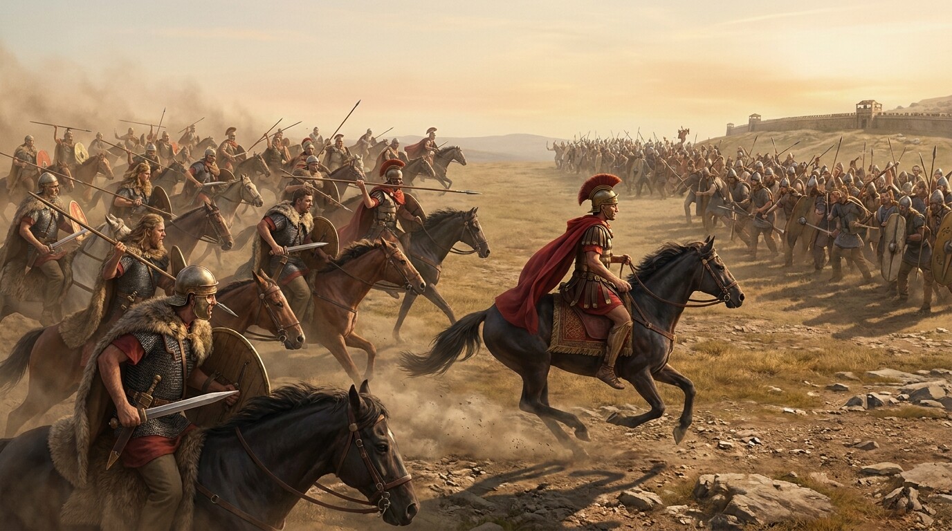 Caesar leading his cavalry reserve in the flanking counterattack at Mount Réa — the red cloak visible, the horses at speed, Roman cavalry striking the flank of the massed Gallic assault column from an unexpected direction.