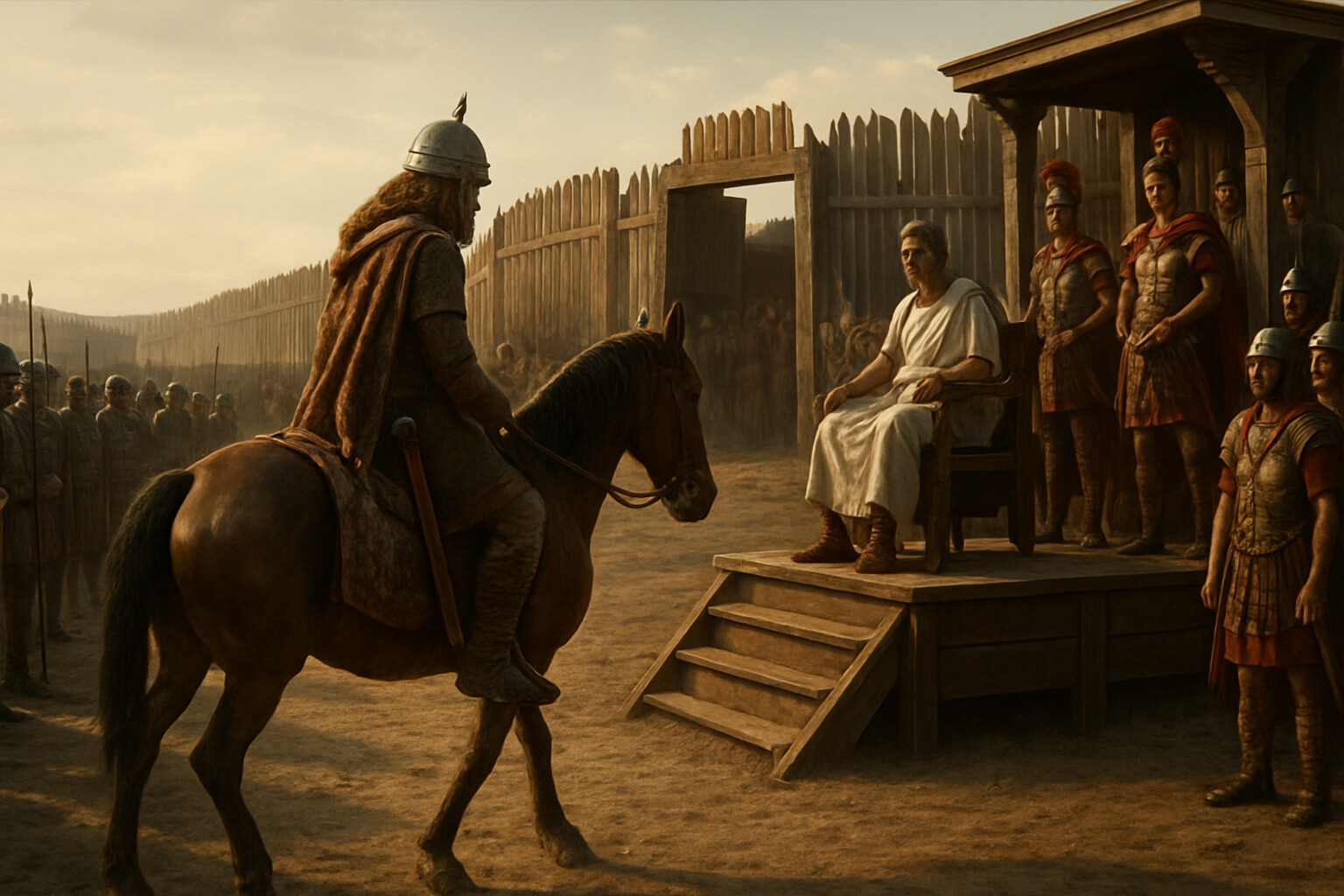 The surrender: Vercingetorix riding out of the gates of Alesia, fully armed and mounted, approaching Caesar's tribunal — the Roman general seated in formal judgment — while the Roman army watches in silence and the defeated Gallic garrison watches from the walls above.