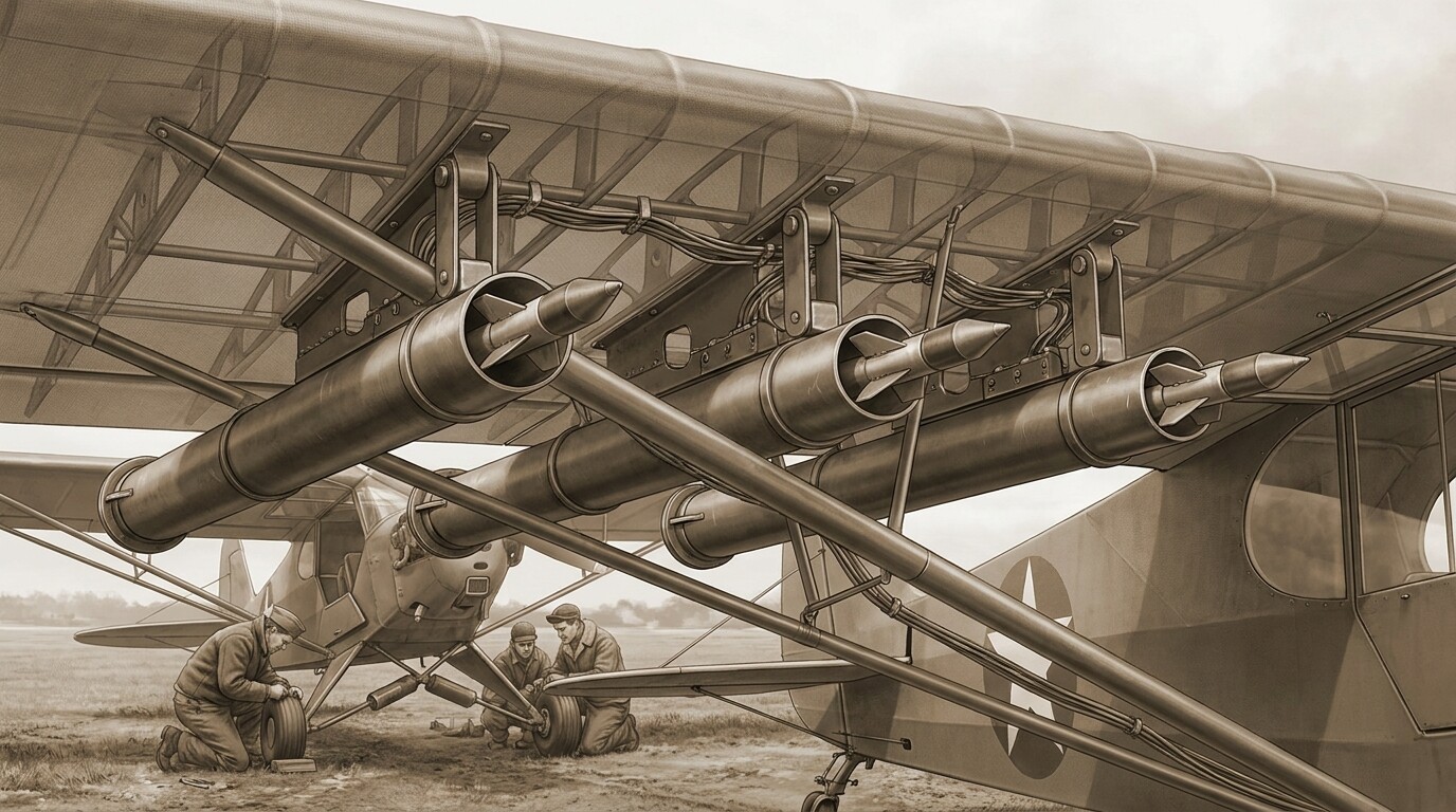 Close-up technical detail of bazooka tubes mounted under aircraft wing