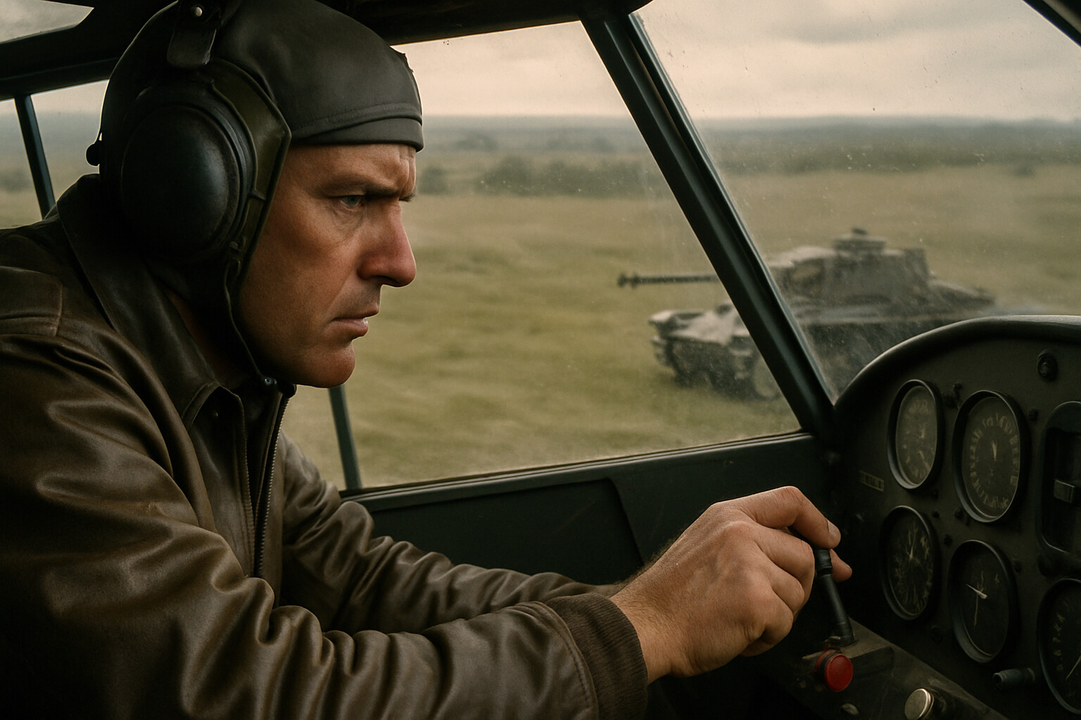 Carpenter in cockpit concentrating on target approach, hand on firing switch