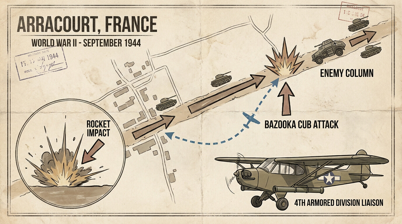Rocket impact and explosion near German armored vehicle in French countryside