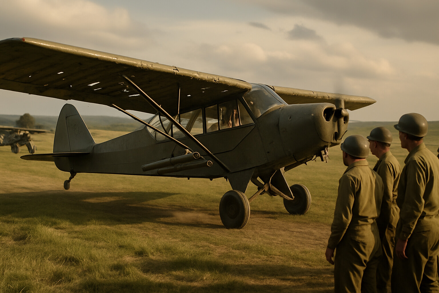 Damaged Piper Cub landing after mission, bullet holes visible in wings