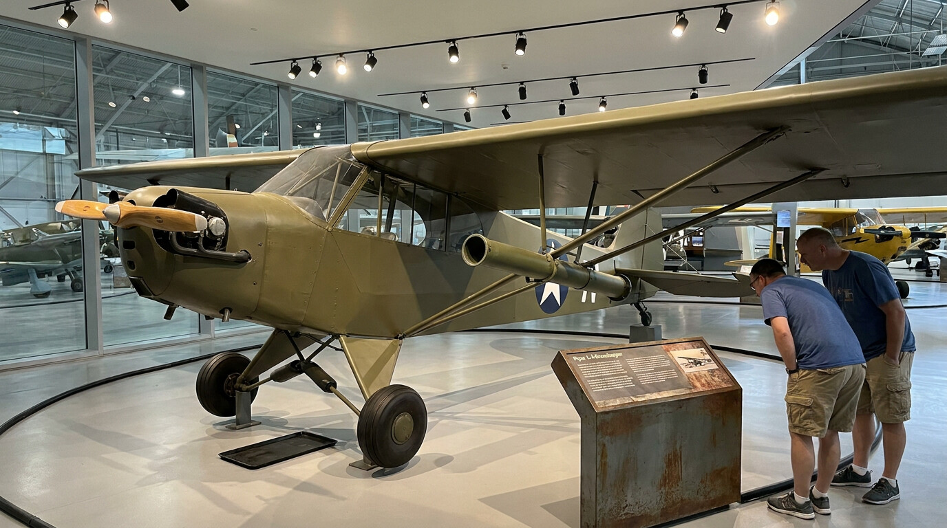 Postwar scene of preserved Piper Cub with bazooka modification on museum display