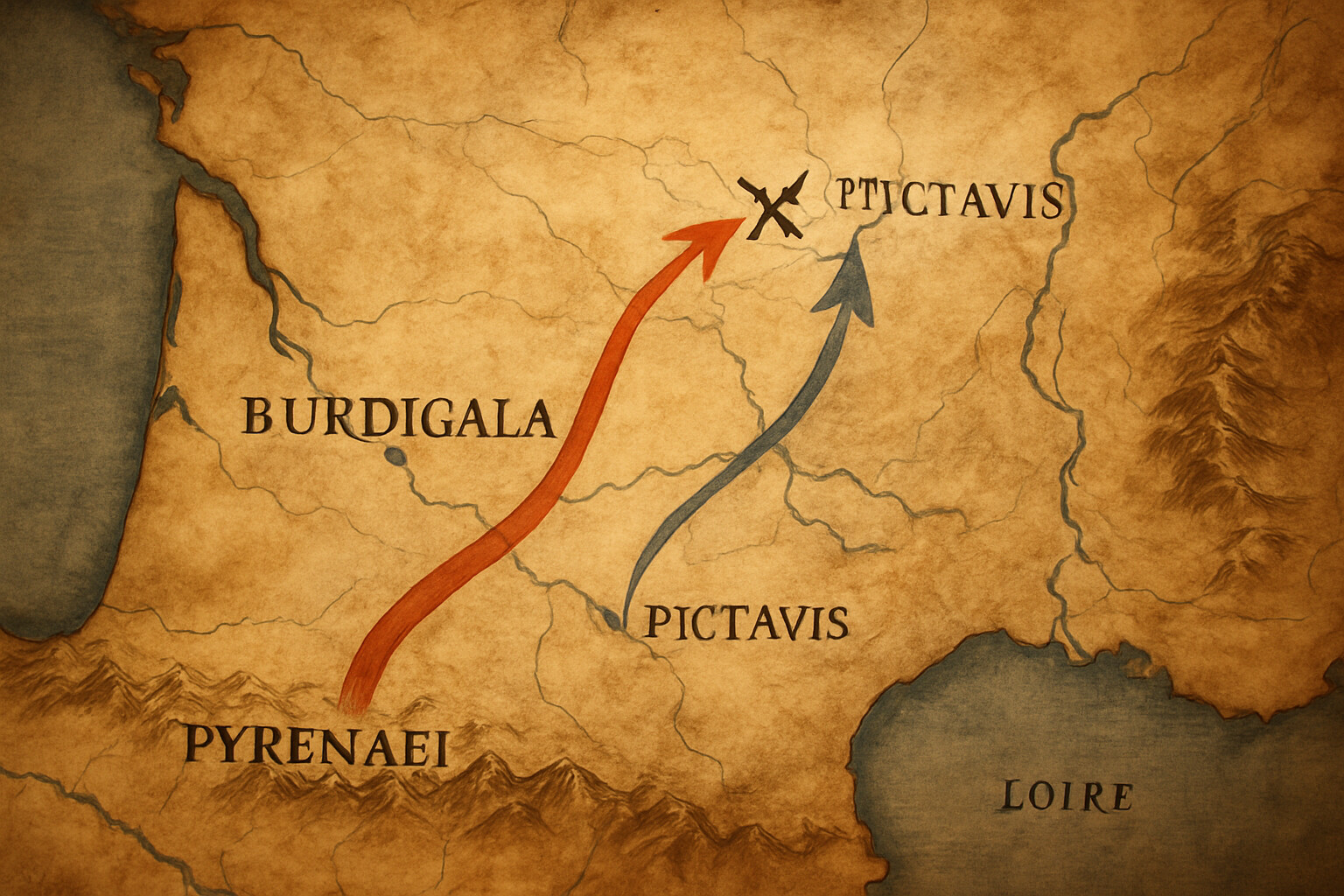 Map/route panel: A period-style map showing the Umayyad invasion route from Iberia through Aquitaine to Tours and the Frankish intercept.