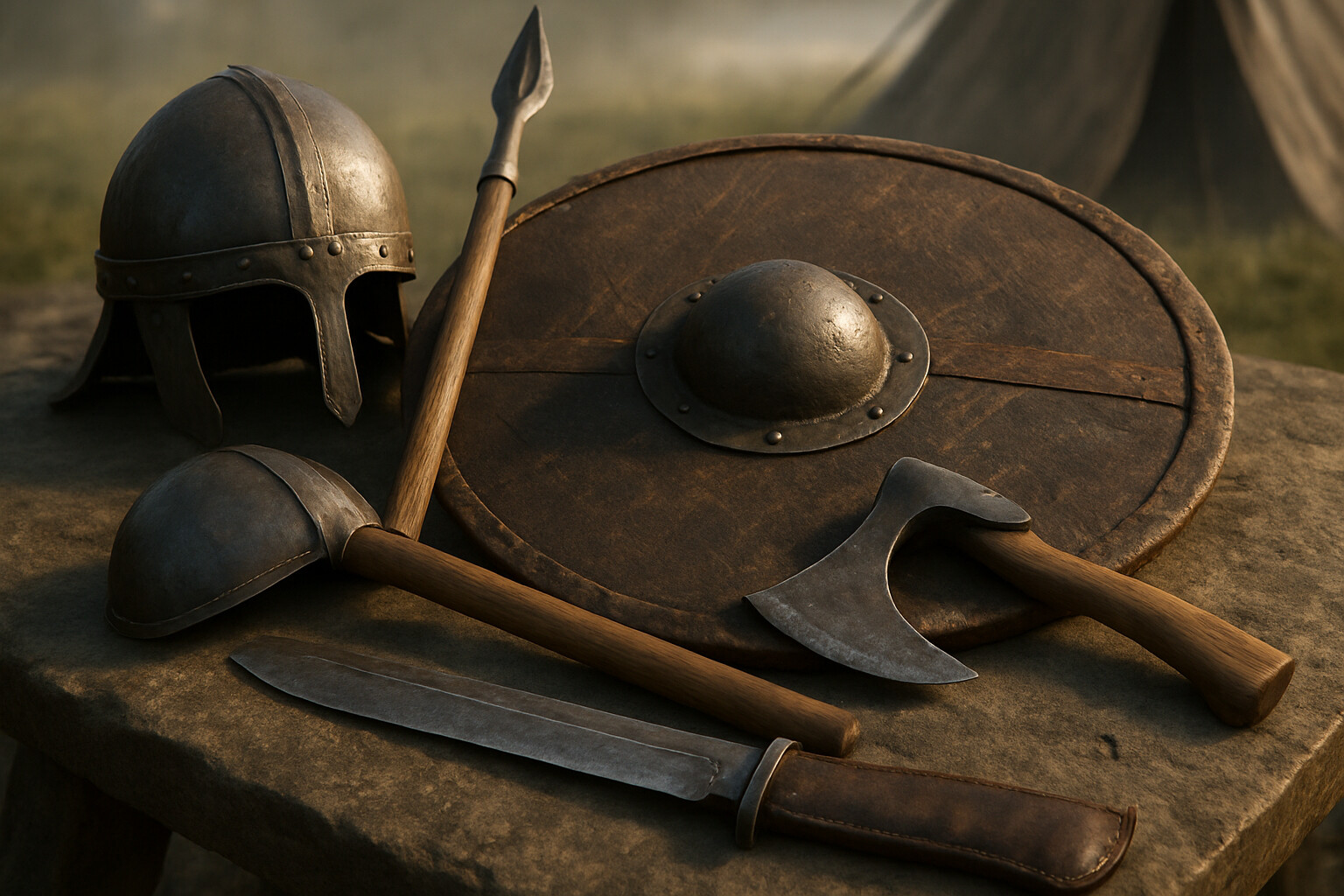 Equipment/weapon breakdown panel: A detailed close study of Frankish warrior equipment—spear, francisca, scramasax, and iron-bossed shield—laid out or depicted in use.