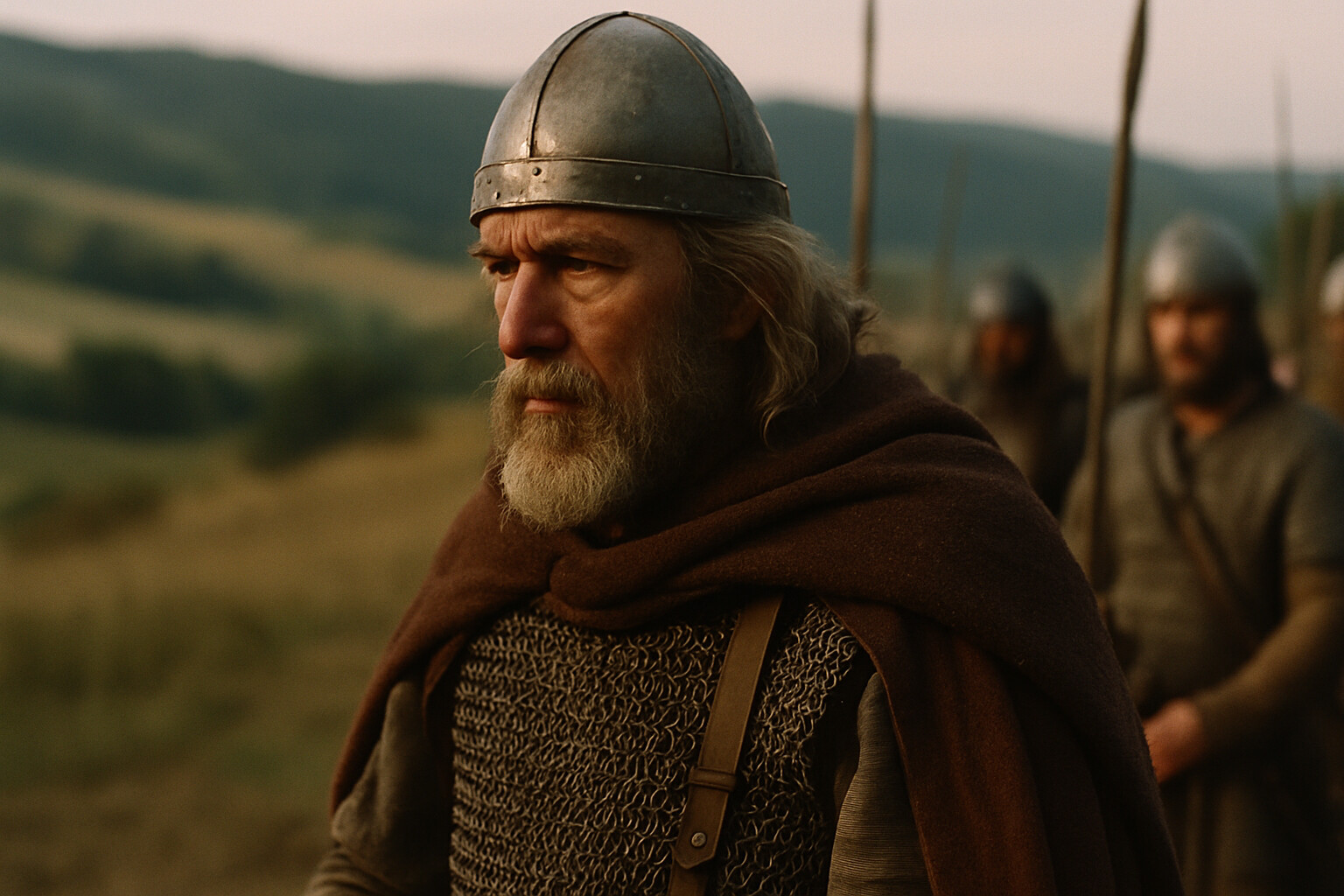Intimate human scene: Charles Martel in the pre-battle period—surveying the ground, reading the terrain, the weight of command visible without sentimentality.