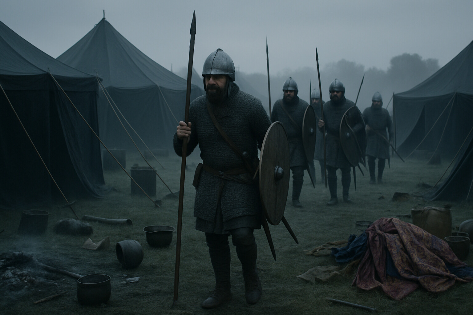 Aftermath/record scene: Frankish warriors and officers discovering the abandoned Umayyad encampment the morning after the battle—tents standing, fires cold, plunder left behind.