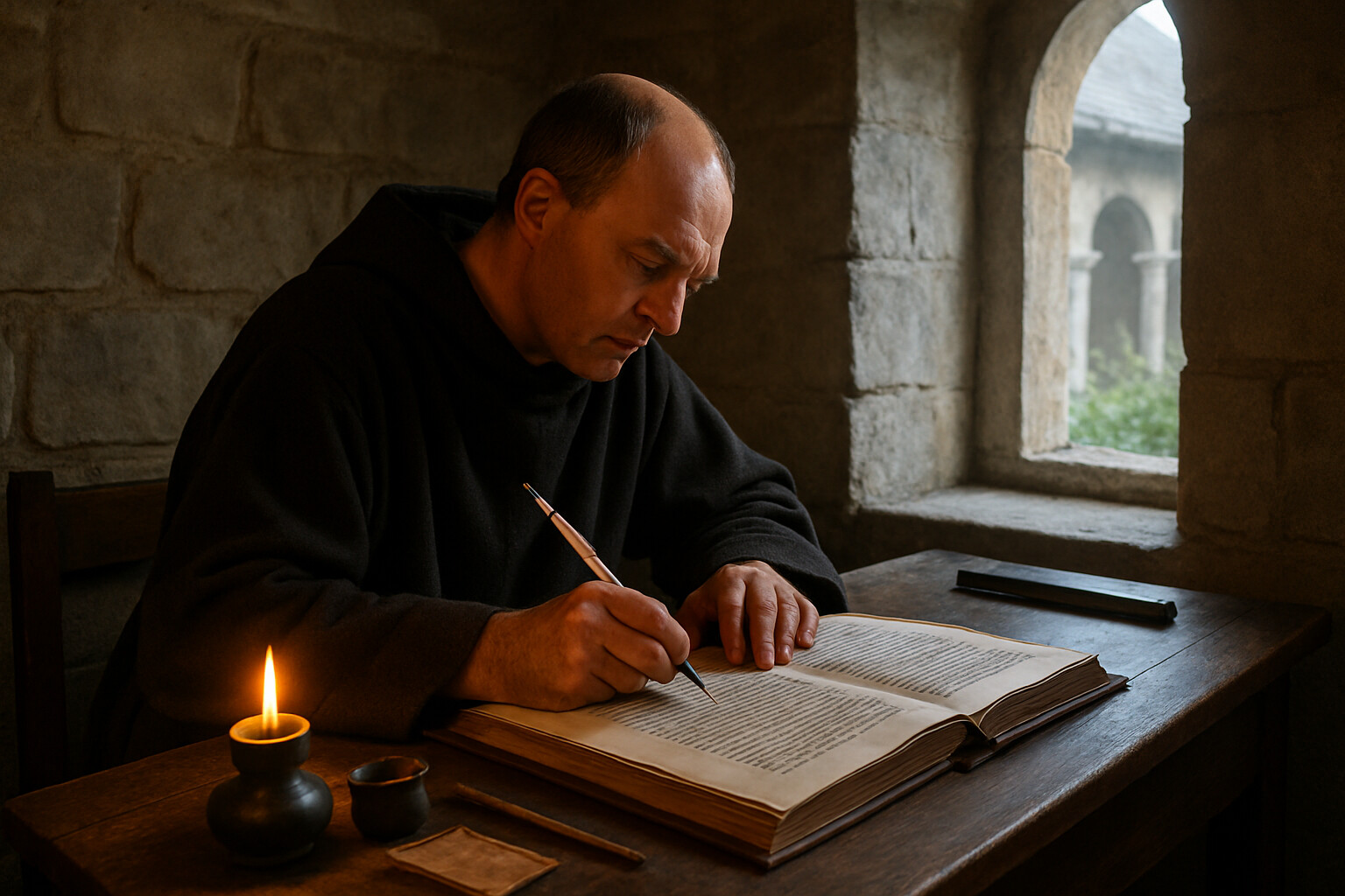 Source/chronicle panel: A scribe at the Frankish court in the 730s writing the Continuatio Fredegarii—recording the battle in a manuscript.