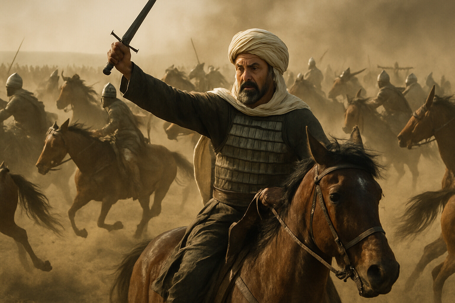 Story-specific dramatic panel: Abd al-Rahman al-Ghafiqi at the moment of crisis—attempting to rally breaking Umayyad cavalry as his formation disintegrates around him.