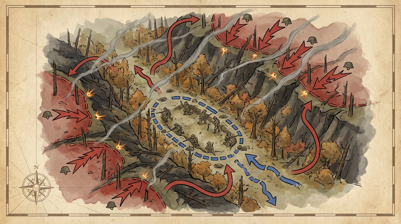 Tactical overview showing the isolated ravine position surrounded by German forces on the high ground, illustrating the tactical situation.