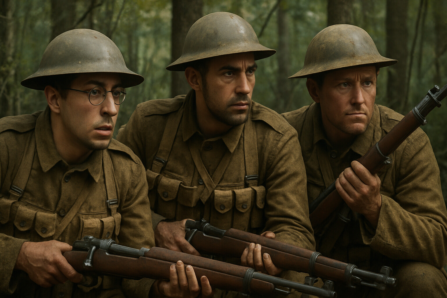 Close-up of American soldiers with their Springfield rifles and equipment, showing the mixed urban backgrounds of the 77th Division soldiers.