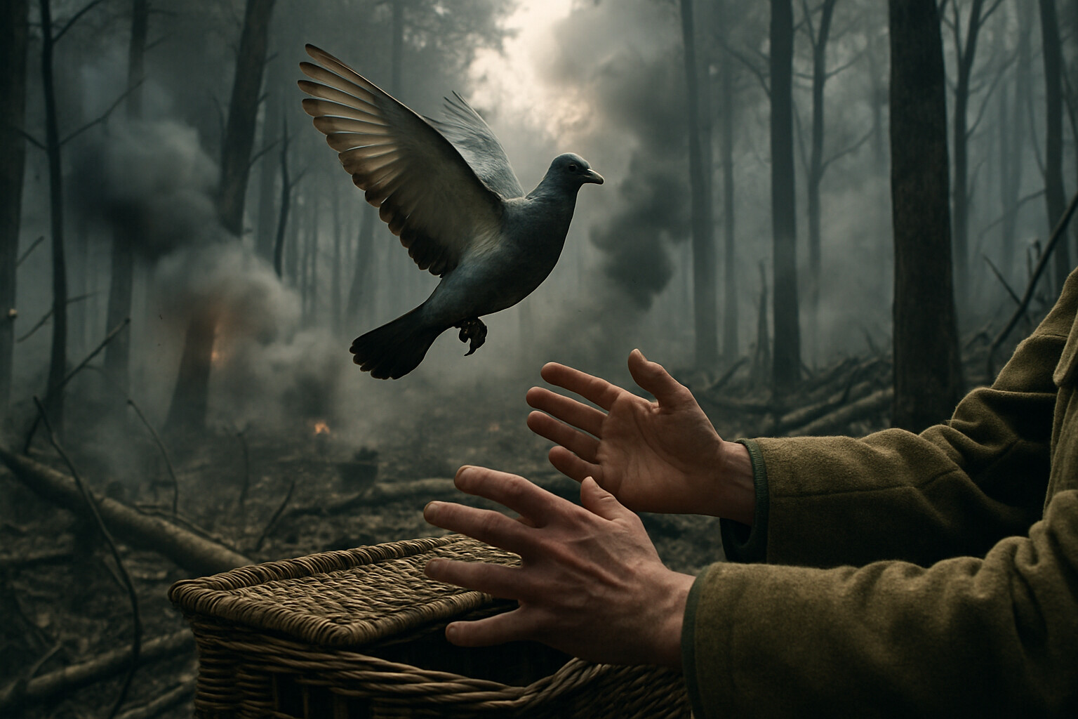 Cher Ami the carrier pigeon being released with the desperate message to stop the friendly artillery fire, a pivotal moment in the story.