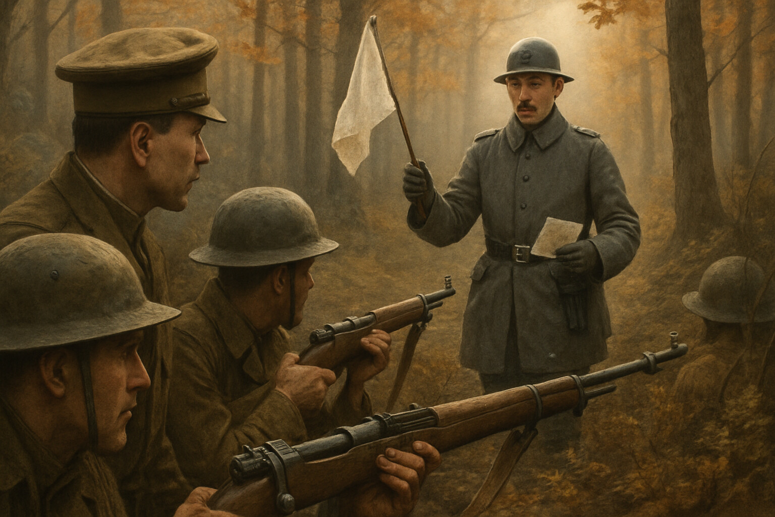 German officer approaching under white flag with surrender demand, showing the formal nature of the surrender request and Whittlesey's refusal.