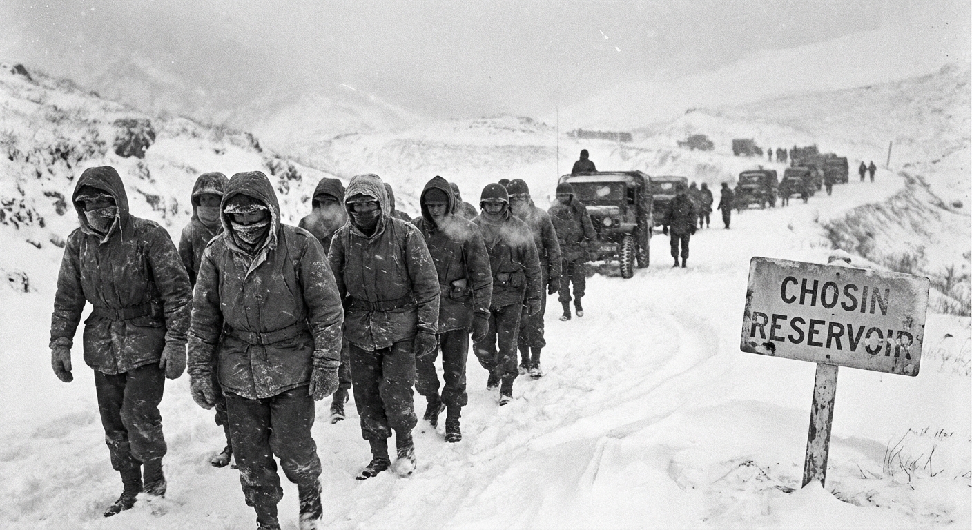 Columns of Marines move through blue-white mountains as Chinese forces close around the reservoir.