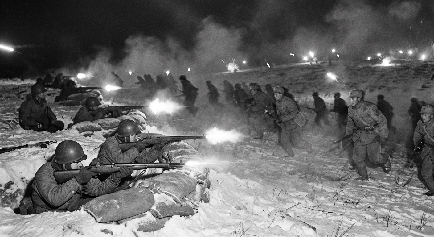 Frozen Marines man foxholes while rifles and machine guns steam in the bitter air.