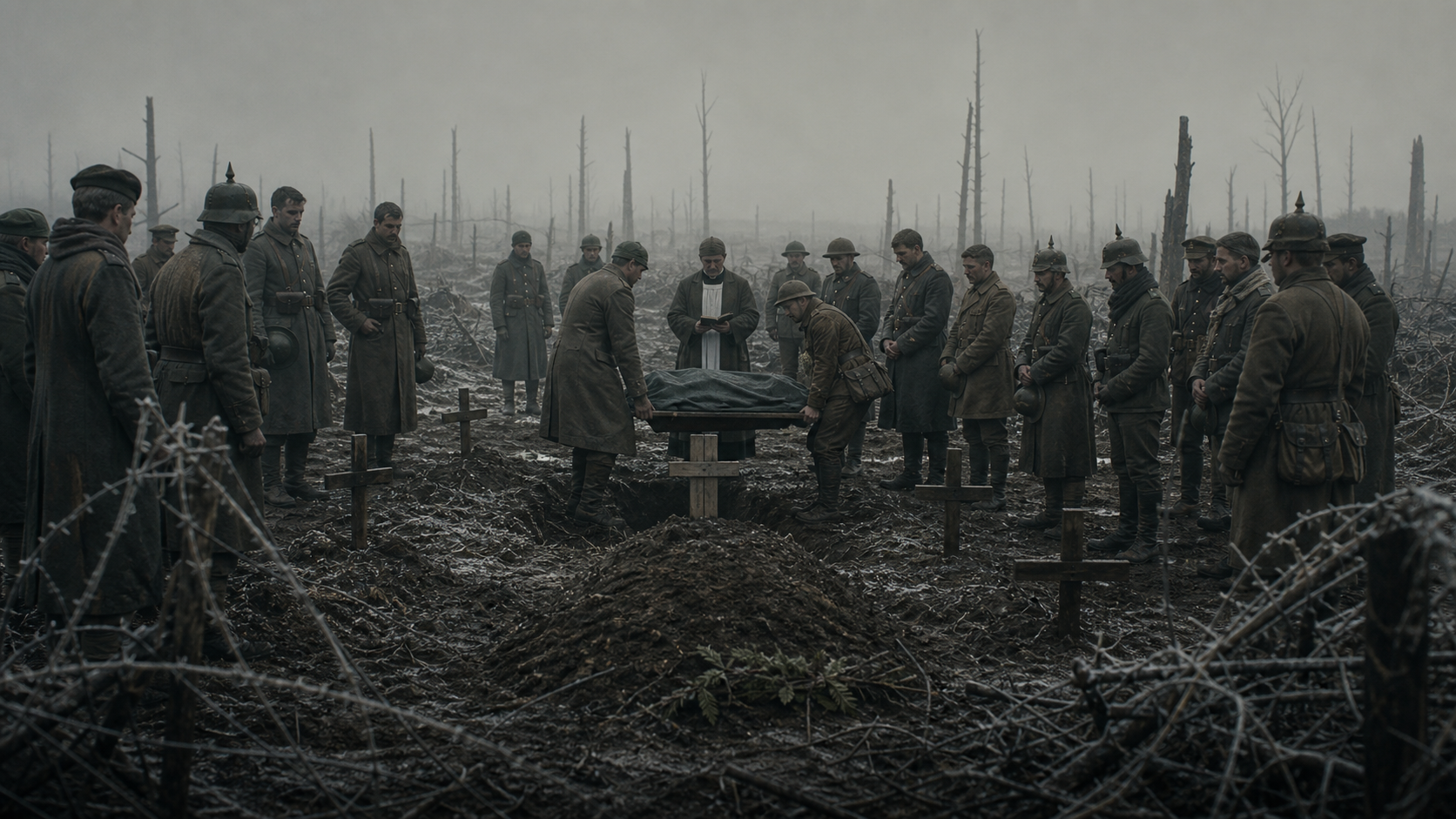 British and German soldiers burying dead during the Christmas Truce
