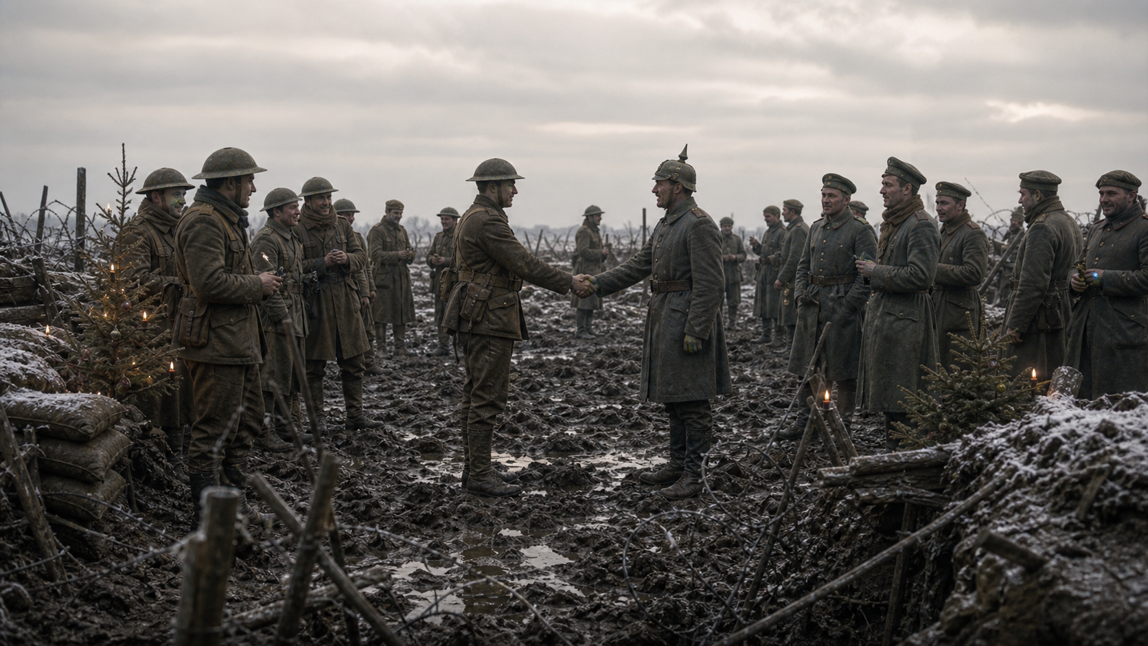 British and German soldiers meeting in no man's land during the Christmas Truce