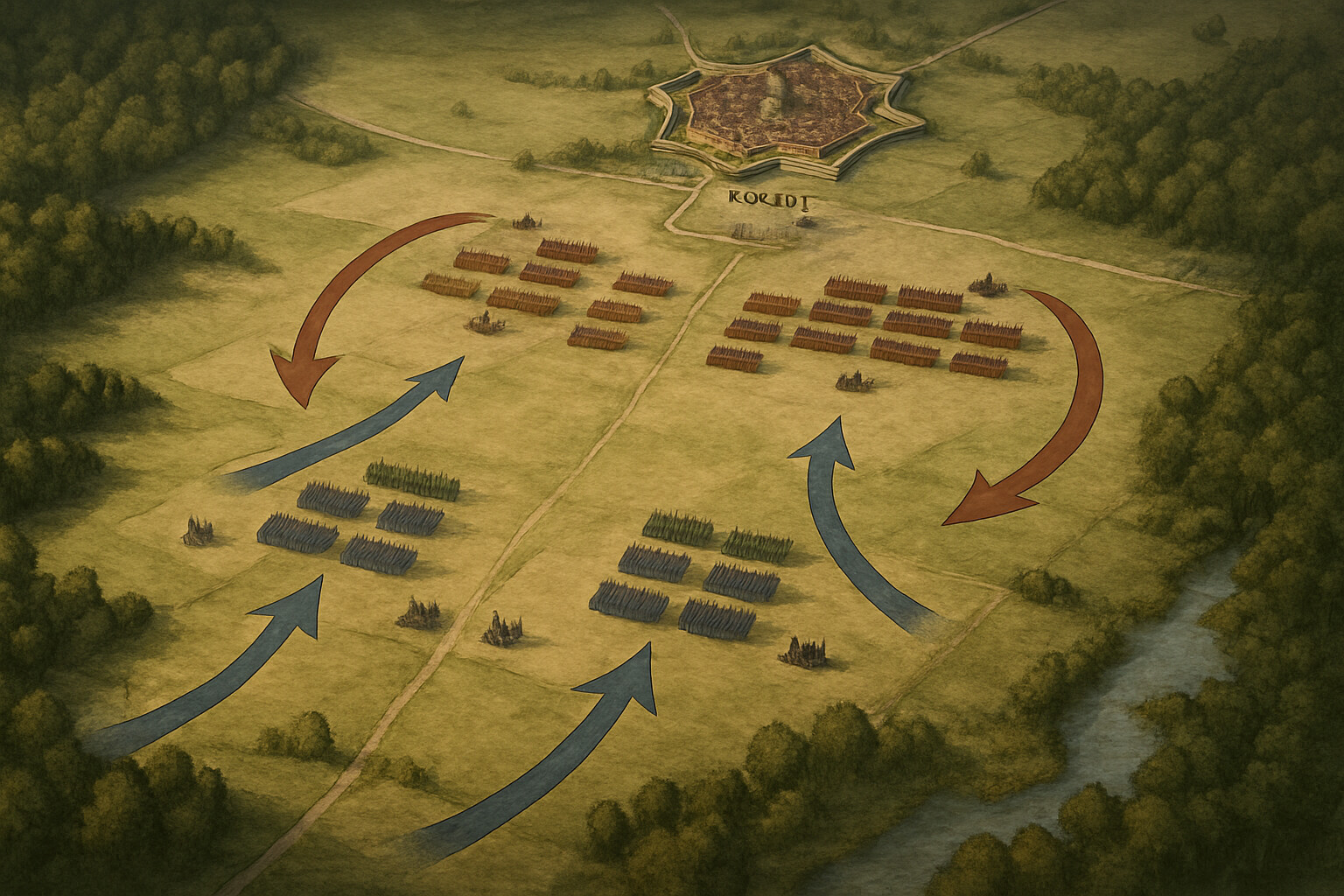 Overview map panel: the plateau of Rocroi from high angle, showing the two armies at the start of the battle—French and Spanish formations facing each other across the plateau, the town of Rocroi visible to the north, woods and wetlands bounding the flanks, artillery positions on both sides, the scale of the engagement made legible.