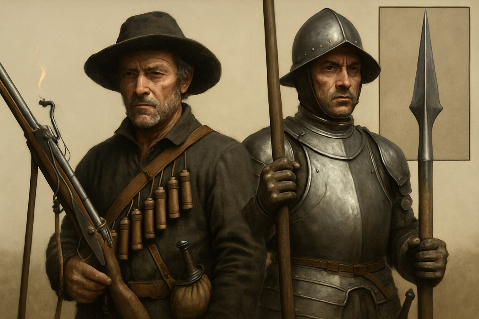 Equipment detail: a close study of the weapons and equipment of a Spanish tercio musketeer and pikeman standing side by side, their equipment rendered in precise detail—the matchlock musket with its lit match, the rest, the bandolier of powder charges, the pike shaft and head, the half-armor of the pikeman, the simple cloth and leather of the musketeer.