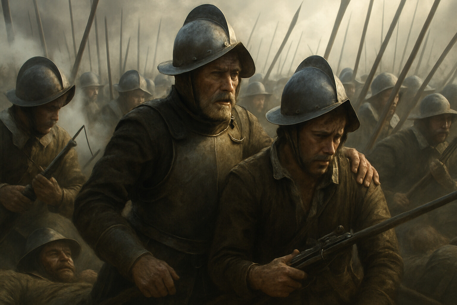 Intimate human scene: inside a Spanish tercio formation during the height of the battle—powder smoke, the press of men, a veteran sergeant steadying the ranks as casualties fall around them. The tercio is holding. The faces show exhaustion, discipline, and something approaching defiance. This is the human experience inside the most famous formation in Europe on its last day.