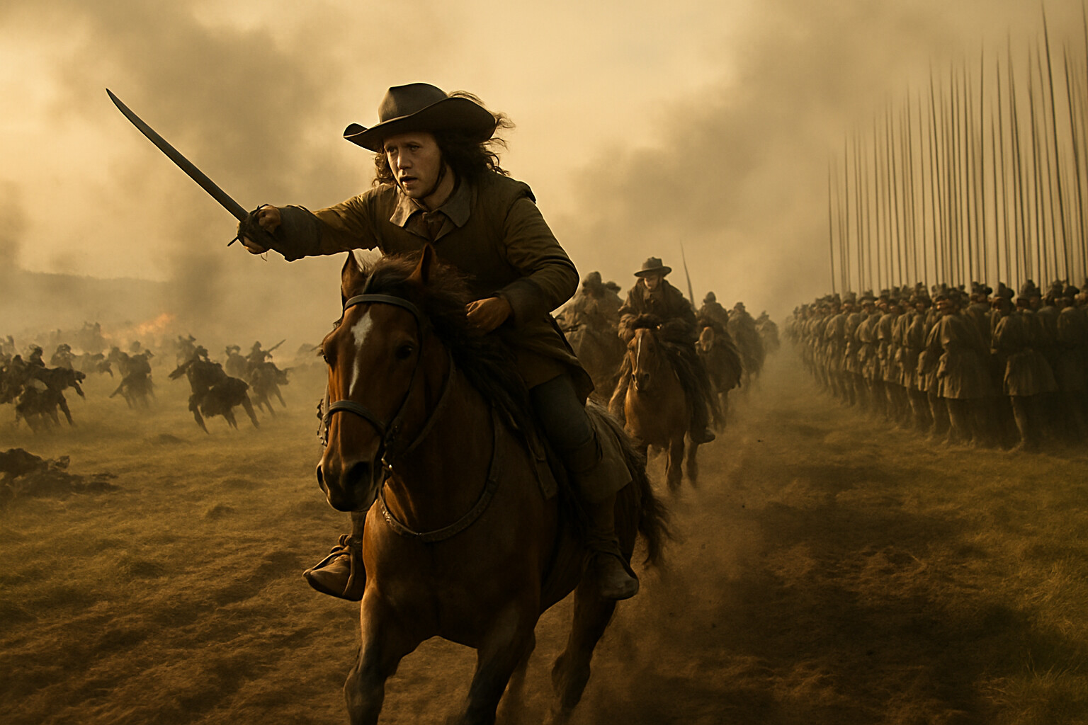 Action climax: the Duke of Enghien leading his cavalry around the rear of the French infantry line, riding hard across the churned plateau, his cavalry streaming behind him, the French infantry center visible to one side and the collapsing left wing visible ahead and to the other. The decisive maneuver at speed.