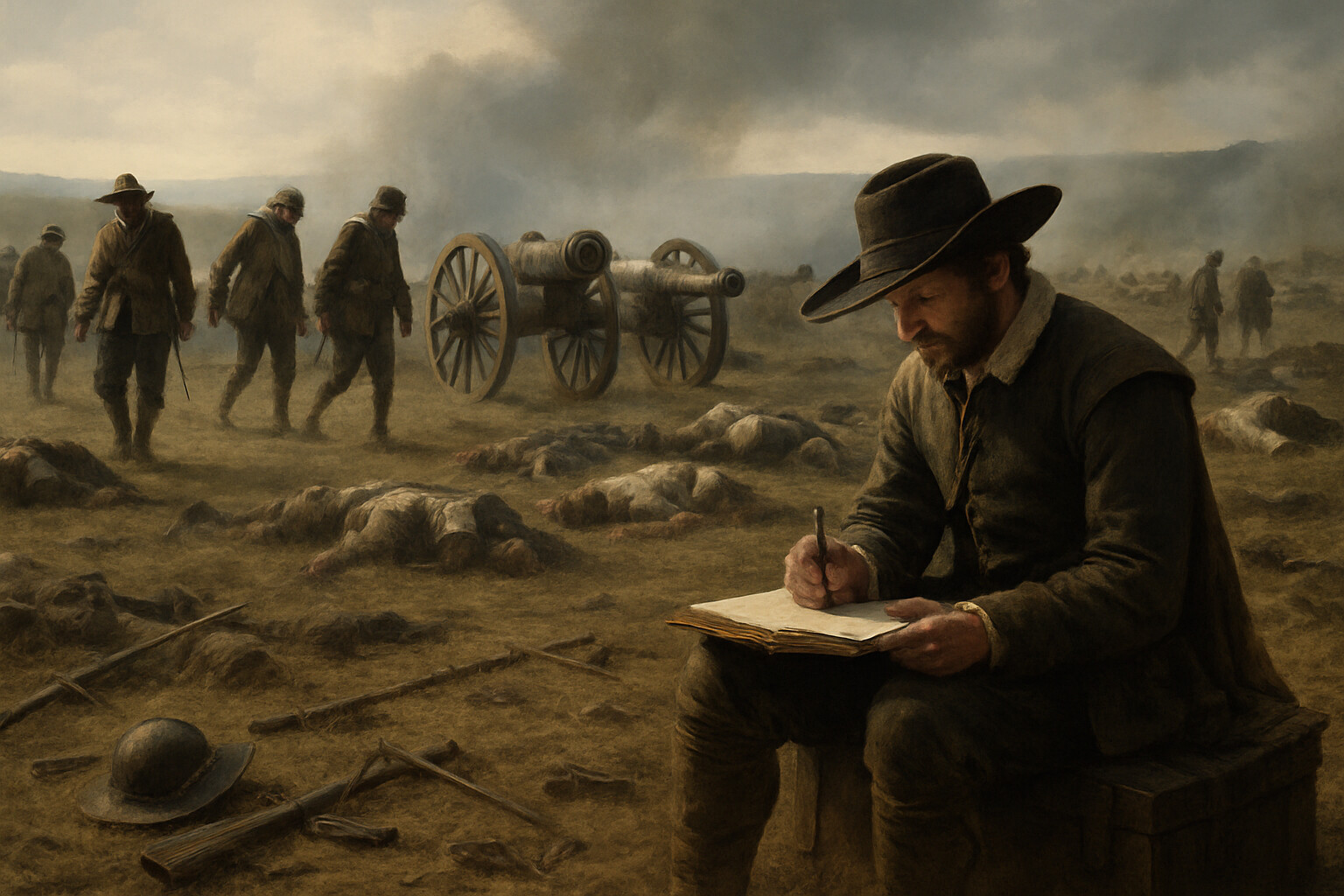 Aftermath and record scene: the plateau of Rocroi in the hours after the battle. Surviving French soldiers, exhausted and grimy, moving through the field among the fallen. The captured Spanish artillery—bronze guns on their carriages, abandoned—stands in the middle distance. A French officer is making notes. The battlefield is quiet now, smoke still drifting, the scale of loss apparent.