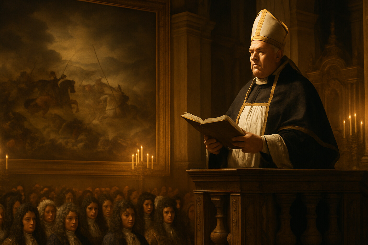 Legacy and source panel: a period document scene—Bossuet in his bishop's vestments at a pulpit in 1687, delivering the funeral oration for the Prince of Condé before the French court, forty-four years after Rocroi. In his hands, a manuscript. In the background, a painting or tapestry depicting the battle. The scene links the historical event to its most famous literary commemoration and reminds the viewer that memory and record are always constructed.