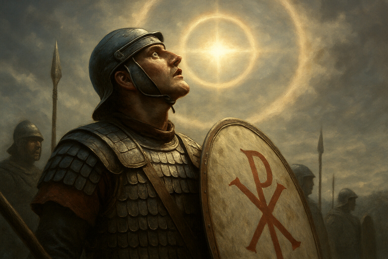 The pre-battle vision or sign — a soldier, face visible, stares upward at the sky before the battle. This panel depicts the tradition of the Chi-Rho vision without asserting it as confirmed literal fact: the soldier's expression is one of intense focused attention, and the sky above shows a solar halo effect (natural atmospheric phenomenon) that could be interpreted as a cross or ring of light. His shield, newly painted with the Chi-Rho, leans against his leg.