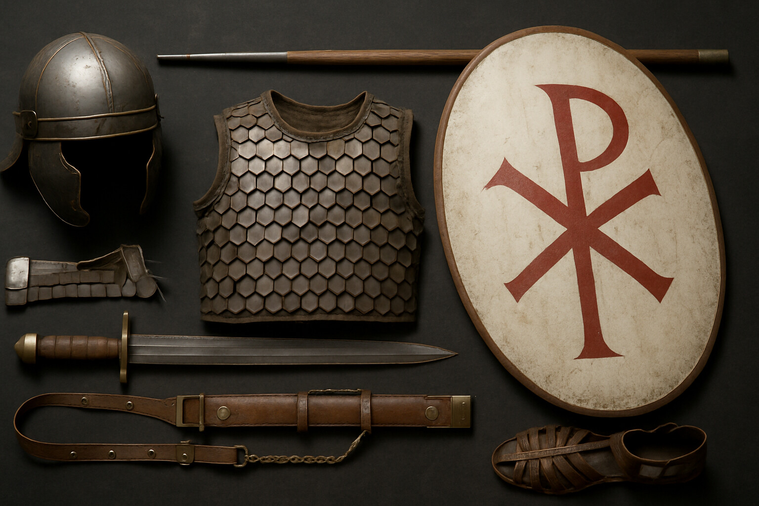 Equipment breakdown panel — a detailed layout of the arms and armor of a late Roman heavy infantryman of circa 312 AD, showing the spatha, lancea, oval shield (with Chi-Rho), ridge helmet, scale armor, and military belt.