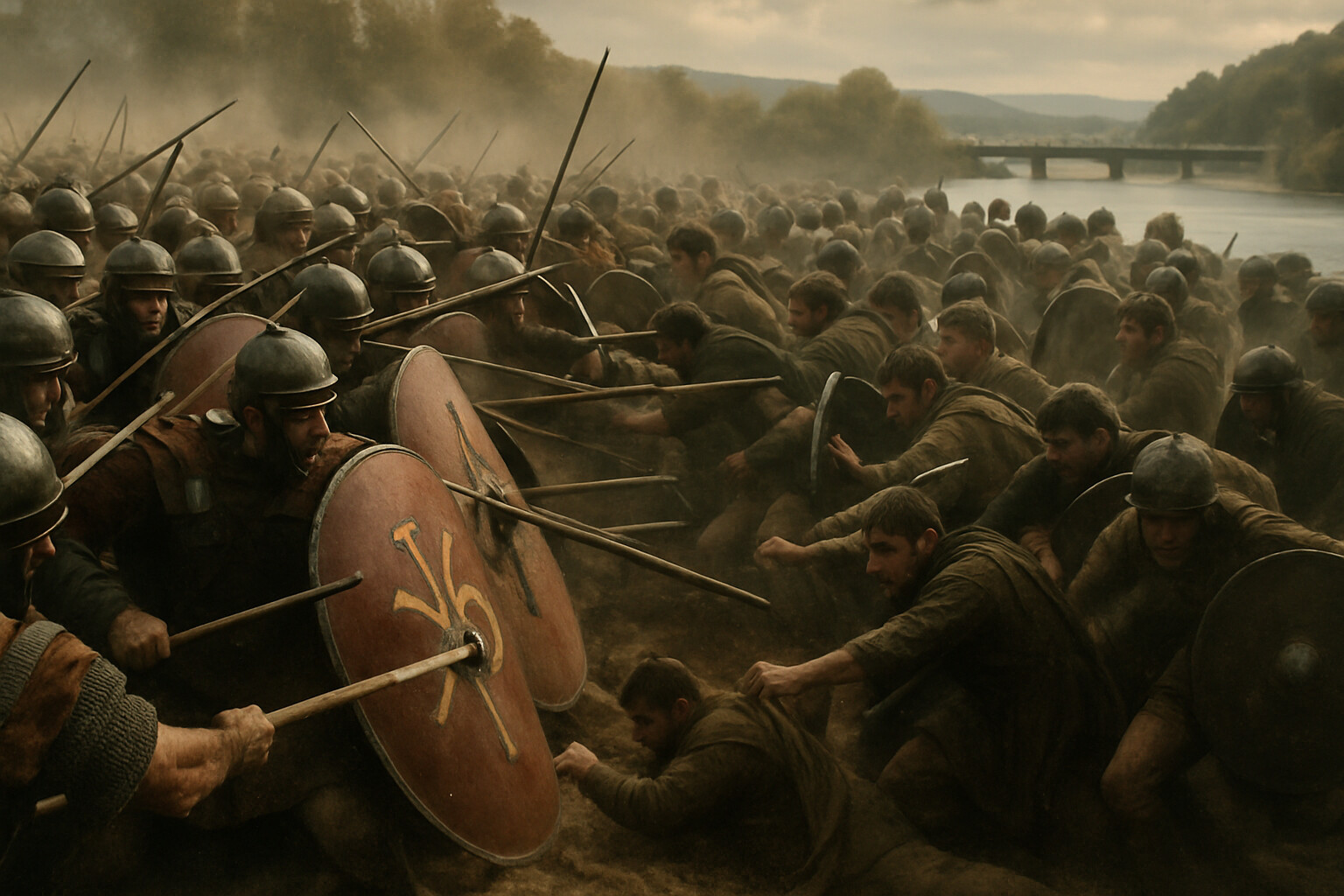 The main engagement — the infantry press in the center, Constantine's forces driving Maxentius's men backward. The Tiber is visible at the edge of the frame behind the Maxentian soldiers. The fighting is close, brutal, and chaotic: shields locked, spears broken, men falling.