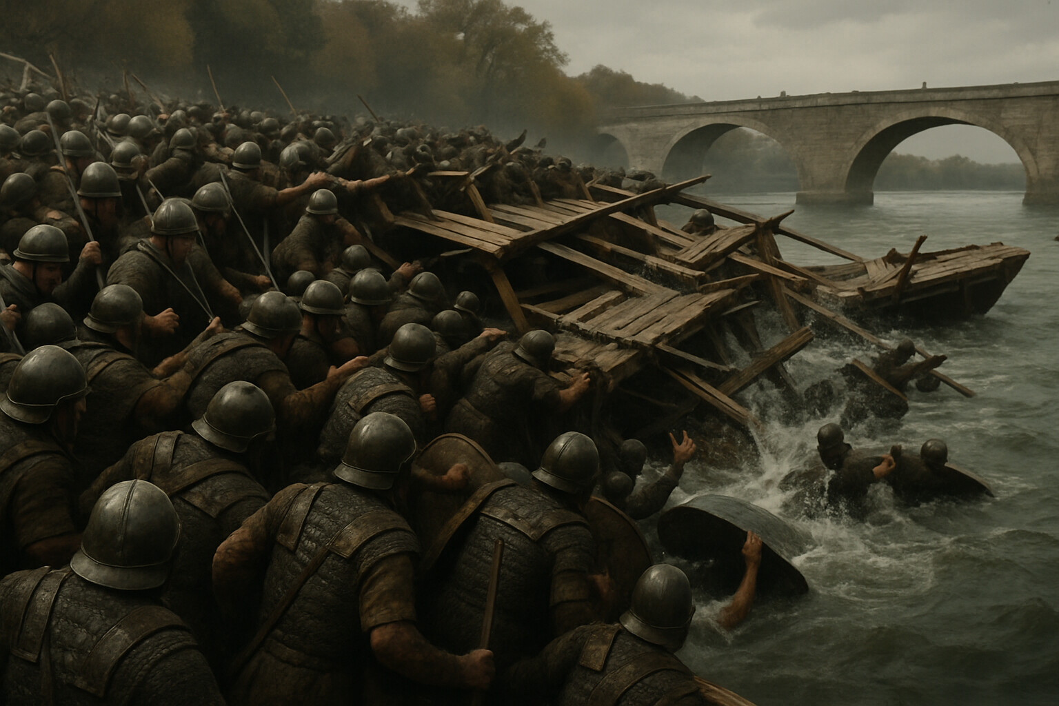 The collapse at the river — the catastrophic moment when Maxentius's army tries to cross the overloaded pontoon bridge. Men push toward the bridge from all directions; the structure of lashed boats is visibly collapsing at one end. Armored soldiers are falling into the dark water. The chaos is absolute.