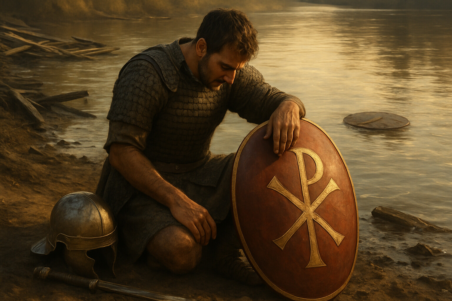 Intimate human aftermath — a Roman soldier, one of Constantine's men, kneels beside the Tiber after the battle. He is unhurt but exhausted, helmet removed, head bowed, one hand resting on his Chi-Rho shield. The river behind him still shows debris from the battle — broken wood from the pontoon, discarded equipment. The mood is exhaustion and perhaps something harder to name.