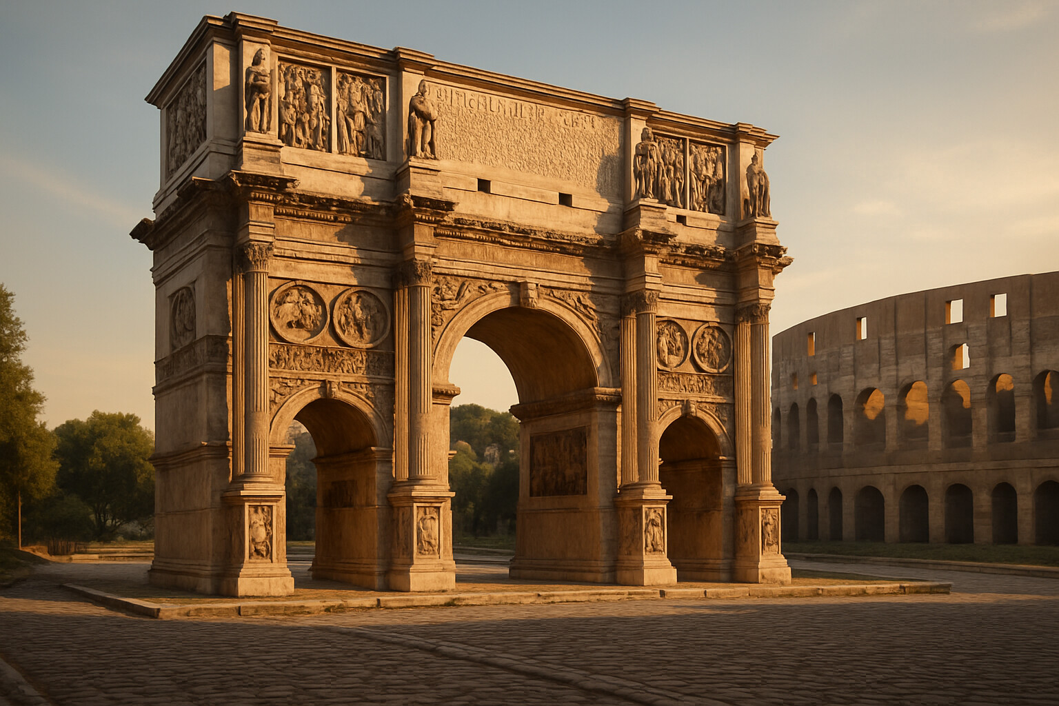 Legacy and record — the Arch of Constantine in Rome, as it appears today (or in its fourth-century completeness), with the dedicatory inscription visible. The arch stands in evening light near the Colosseum. This image anchors the story in the surviving physical record.
