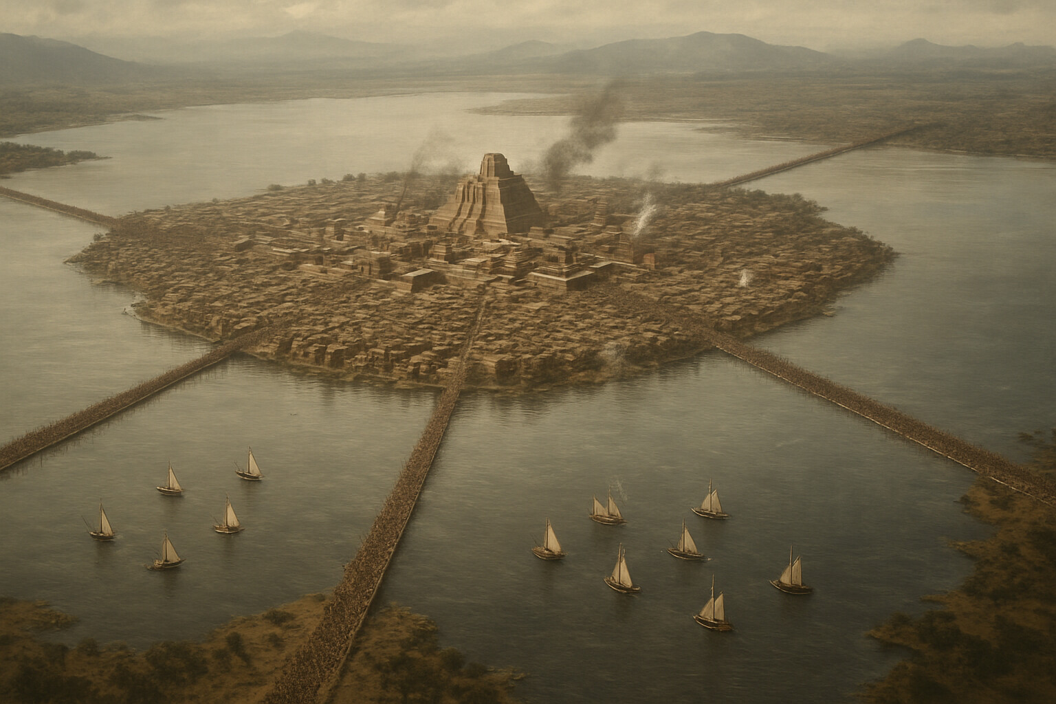 Aerial or elevated view: the island city of Tenochtitlan on Lake Texcoco, showing the three causeways, the Spanish and allied columns advancing from multiple directions, and the brigantine fleet on the lake.