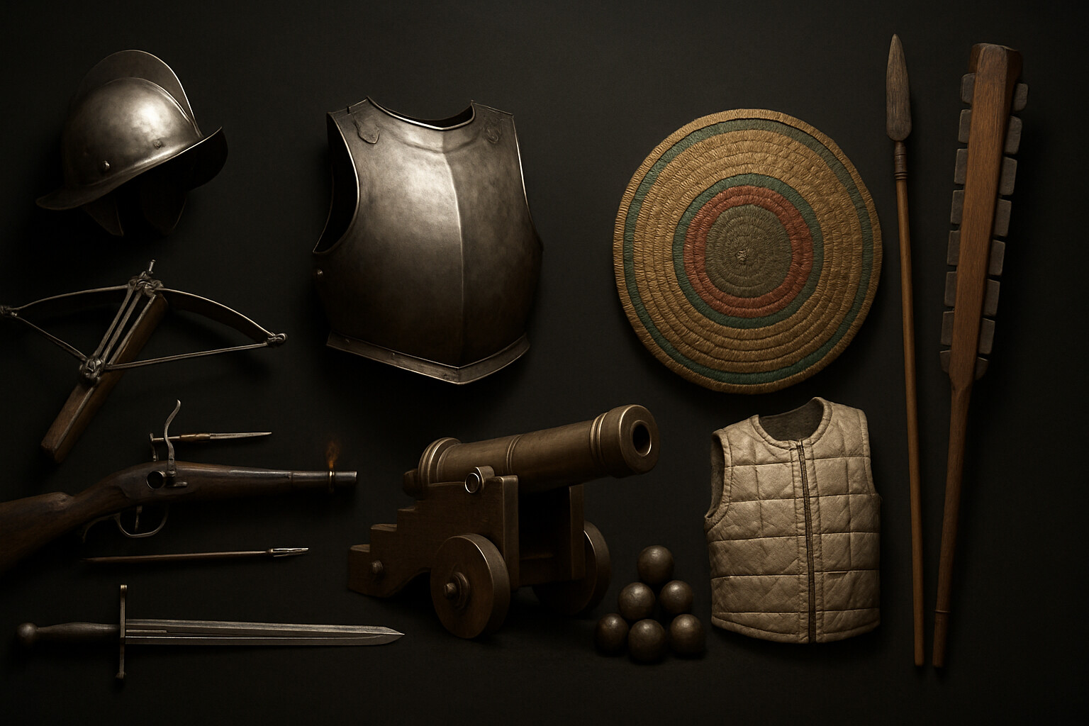 Equipment breakdown panel: a detailed, labeled illustration of the weapons and armor used by both Spanish conquistadors and Aztec warriors during the siege — including the macuahuitl, crossbow, arquebus, steel armor, cotton armor, and obsidian weapons.