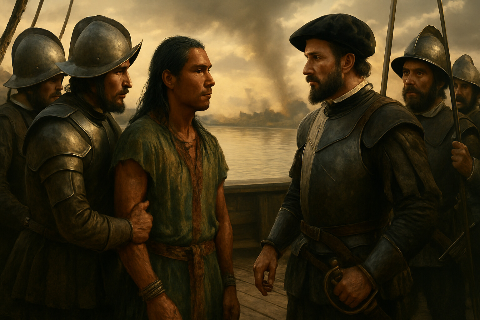 Intimate human scene: the capture of Cuauhtémoc on August 13, 1521 — the young Aztec ruler brought onto the deck of García Holguín's brigantine, facing Spanish soldiers, composing himself in a moment of devastating loss.