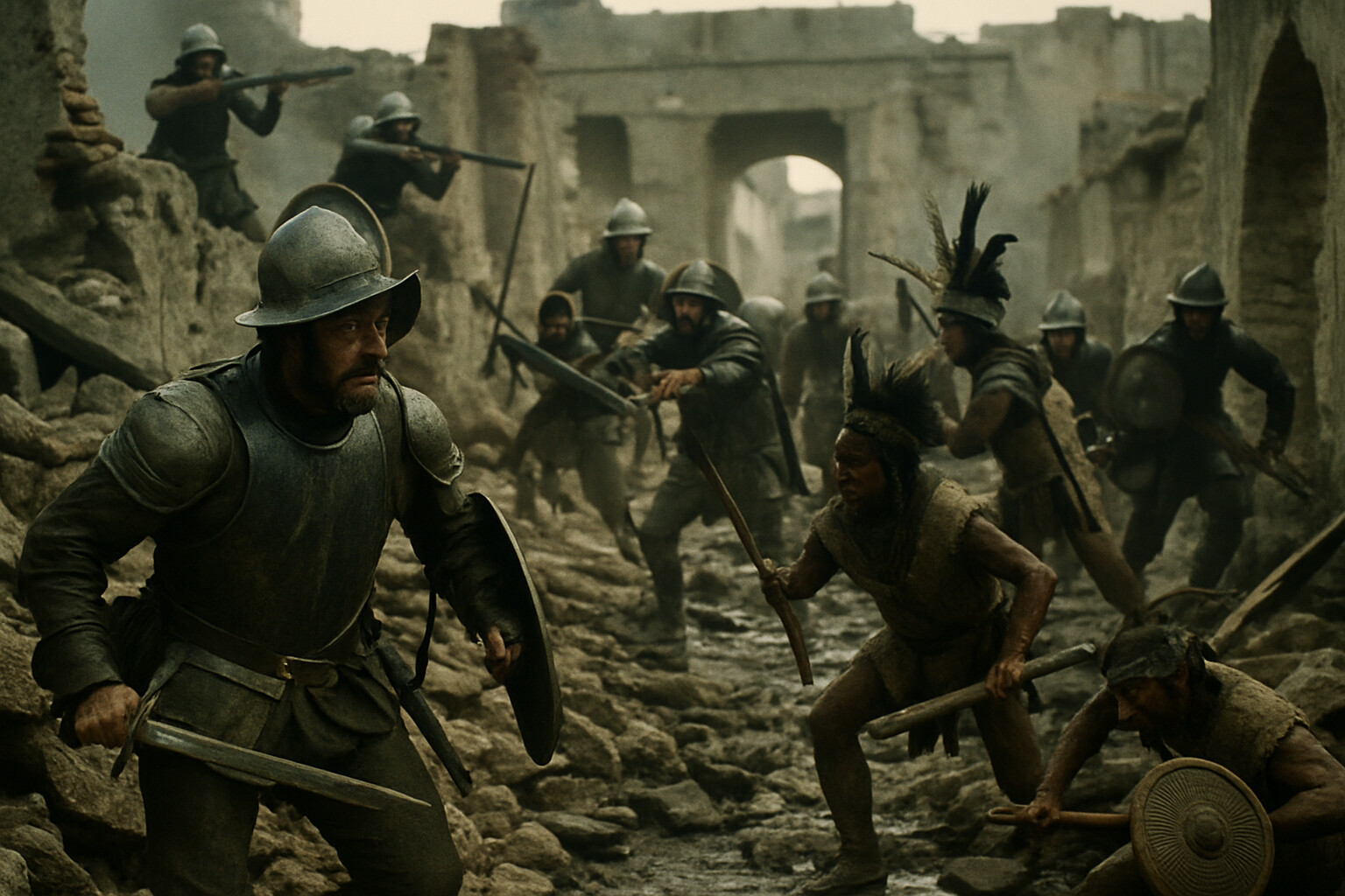 Action scene: Spanish soldiers and Tlaxcalan warriors fighting through a destroyed city block in Tenochtitlan, advancing across rubble-filled canal beds, with crossbowmen covering the advance from broken walls.